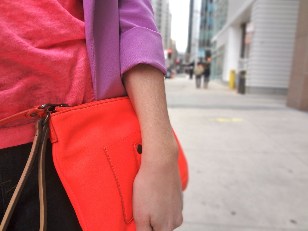 pink and purple outfit inspiration, neon clutch