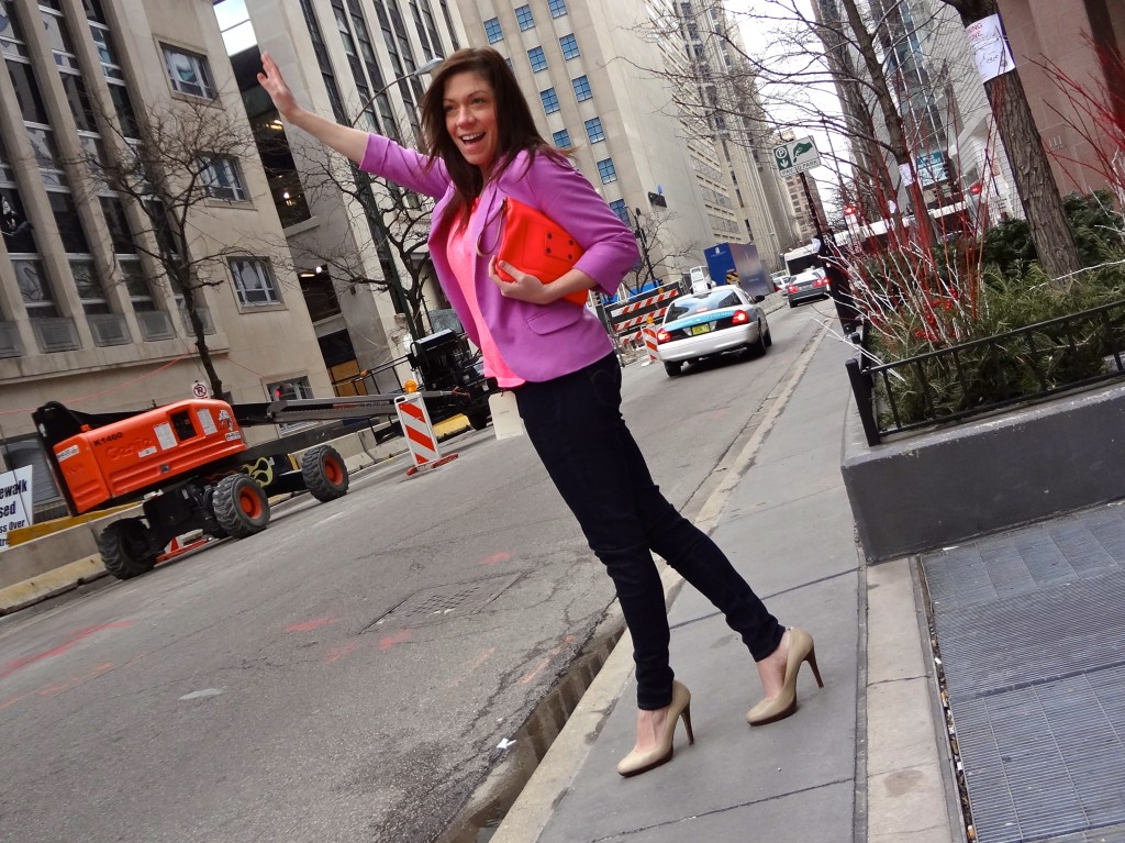 nude pumps, ann taylor clutch, chicago blogger, purple blazer, hot pink shirt,