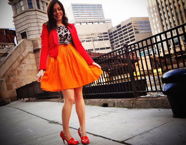 leopard print top, how to wear leopard print, color block outfit, color blocking outfit, orange shoes, orange color block, orange and leopard