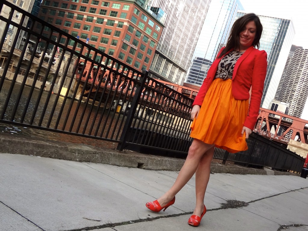 leopard print top, how to wear leopard print, color block outfit, color blocking outfit, orange shoes, orange color block, orange and leopard