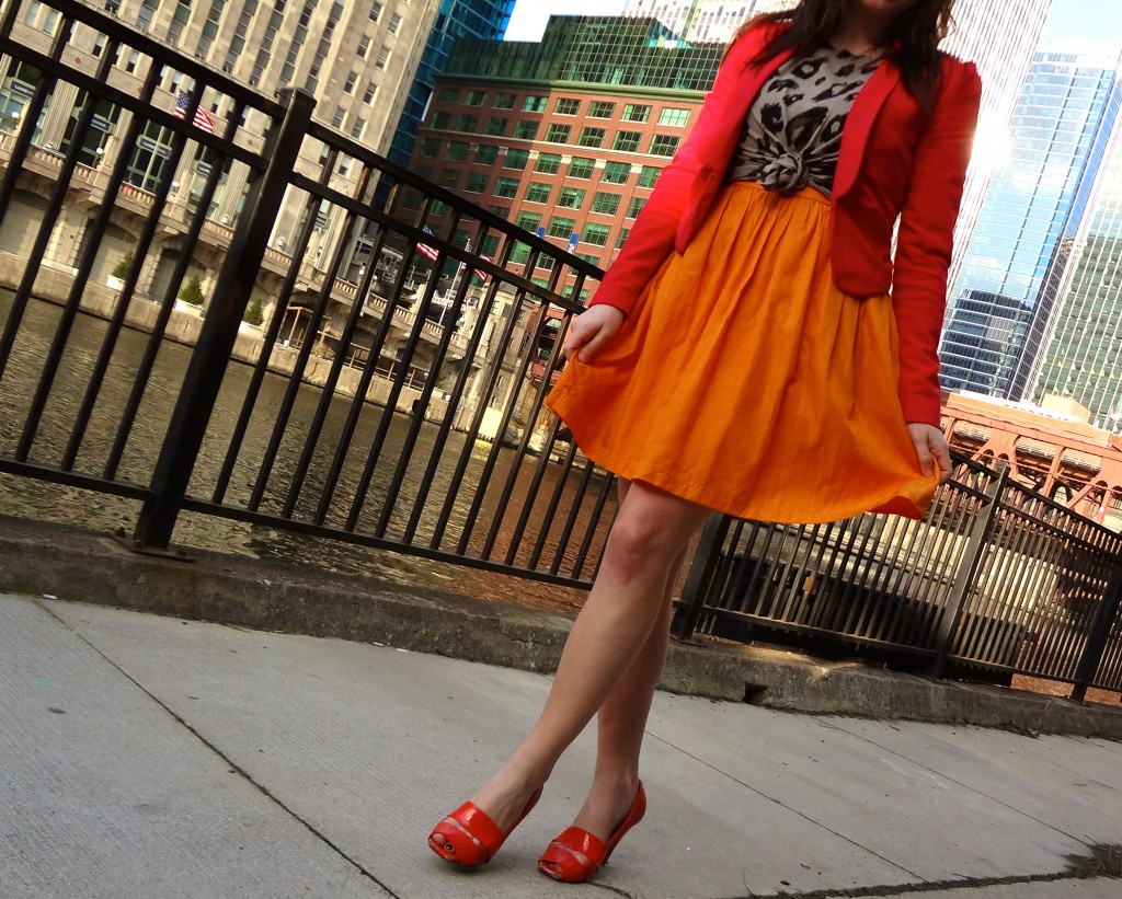 leopard print top, how to wear leopard print, color block outfit, color blocking outfit, orange shoes, orange color block, orange and leopard