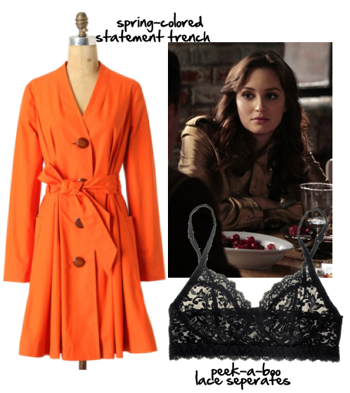 trench coat and lace bra, trench coat and bra, colorful trench coat, serena gossip girl fashion, gossip girl fashion, gossip girl season 5