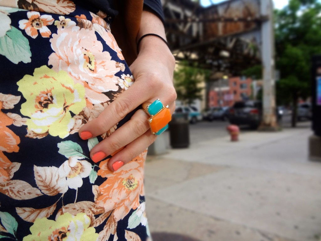 orange and teal outfit