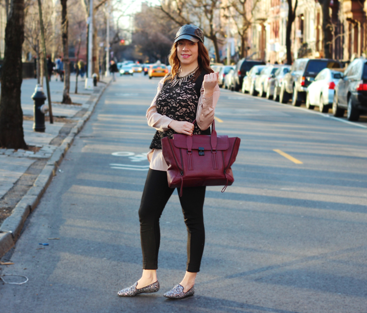 what to wear with a nude blouse?, dkny, madewell, baublebar, asos, faux-leather cap, leather hat, aubergine phillip lim pashli, 3.1 phillip lim, vince, spring, jimmy choo, weekender sequin flats