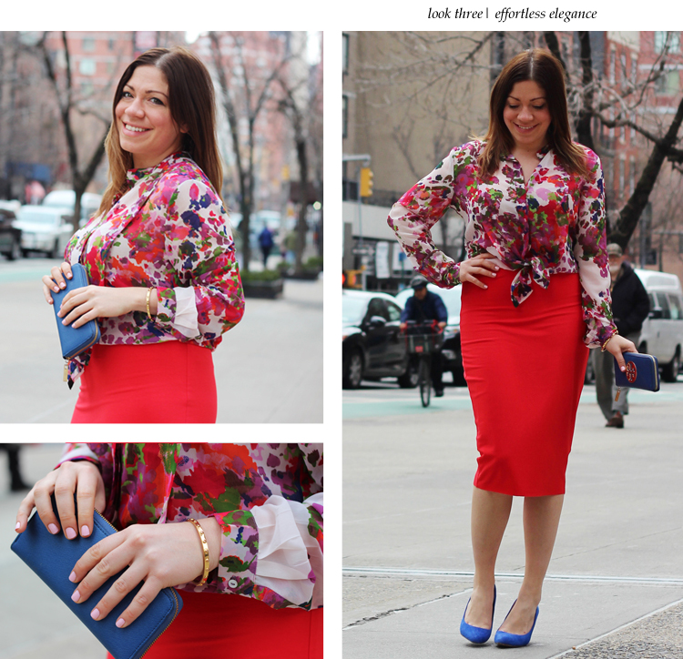 pencil skirt style, blue and red fashion, knotted blouse