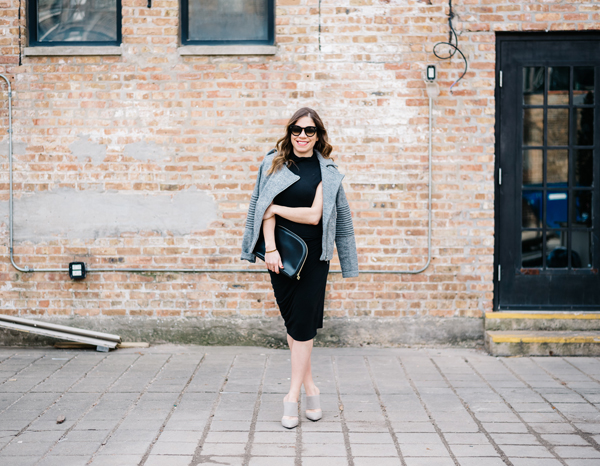 black-dress-grey-moto-jacket-and-mules