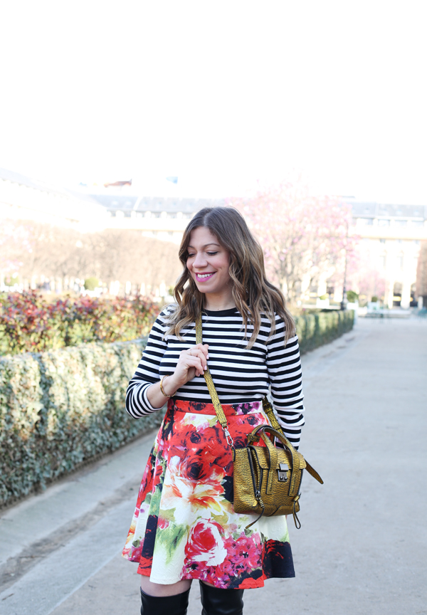 corals and cognacs wearing stripes in paris