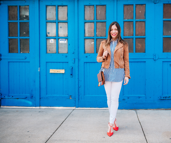 corals and cognacs wearing white jeans from joe's spotless collection