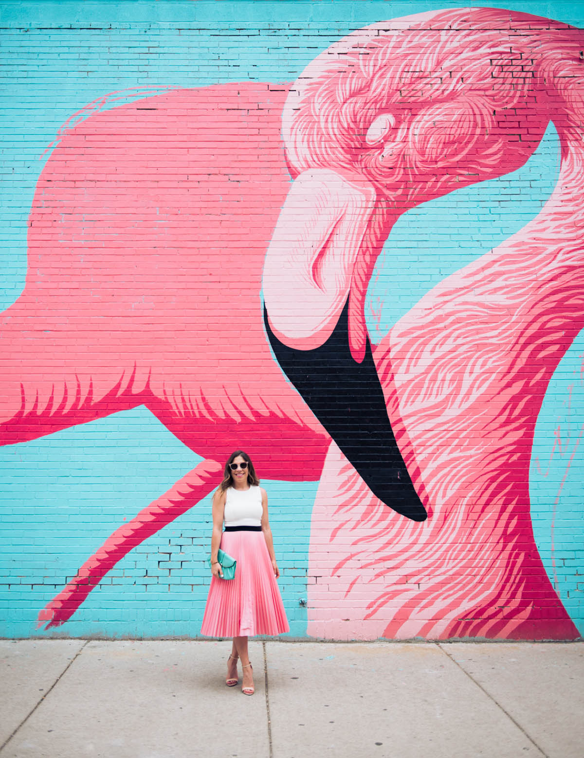 hallie wilson chicago lifestyle blogger taking photos by the flamingo wall in chicago