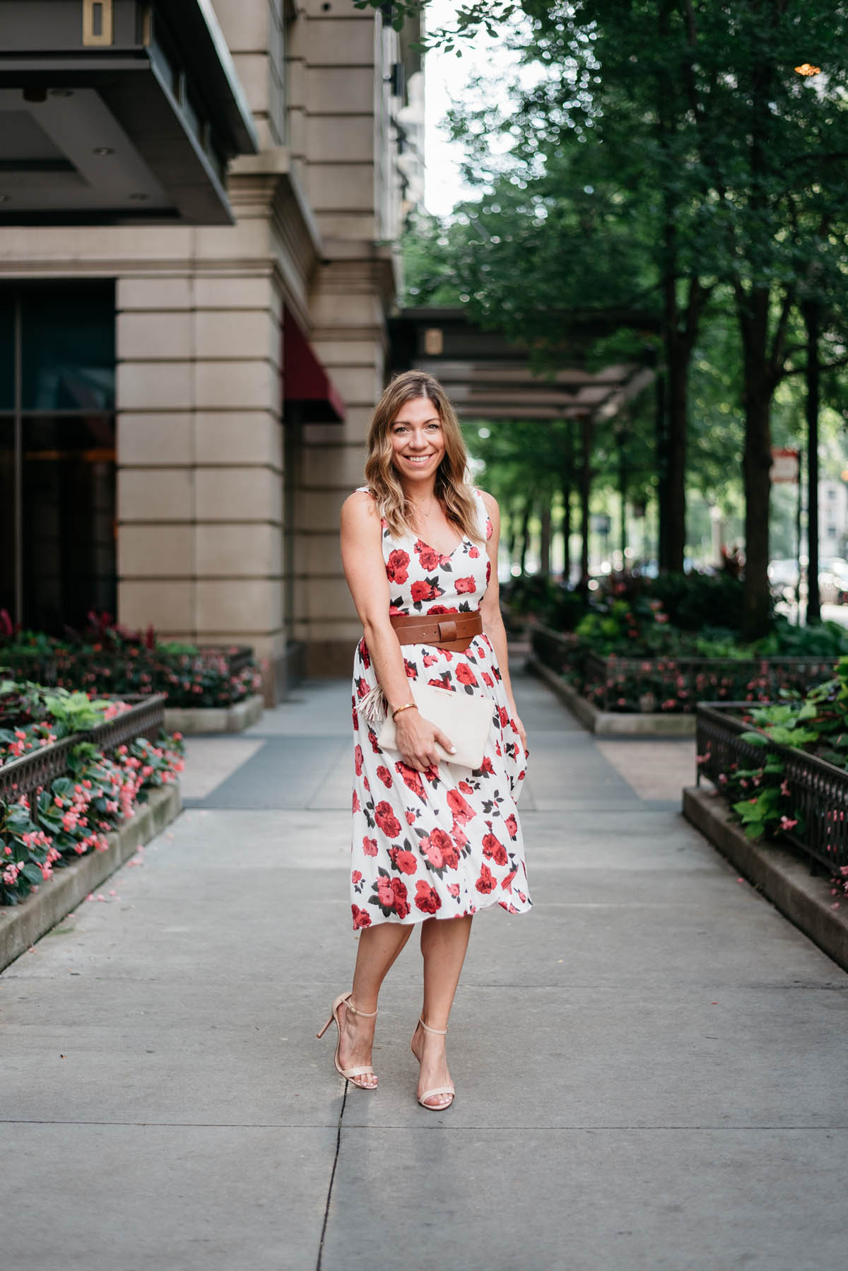 gigi new york clutch with nude sandals and a bb dakota dress