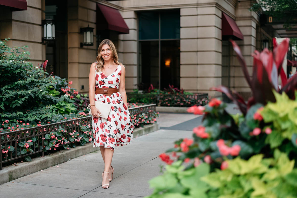 shin-length printed dress in a floral print by iron & honey photograhpy